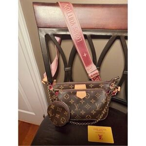 3 pc. LV Monogram Crossbody Bag w/ Pink Strap